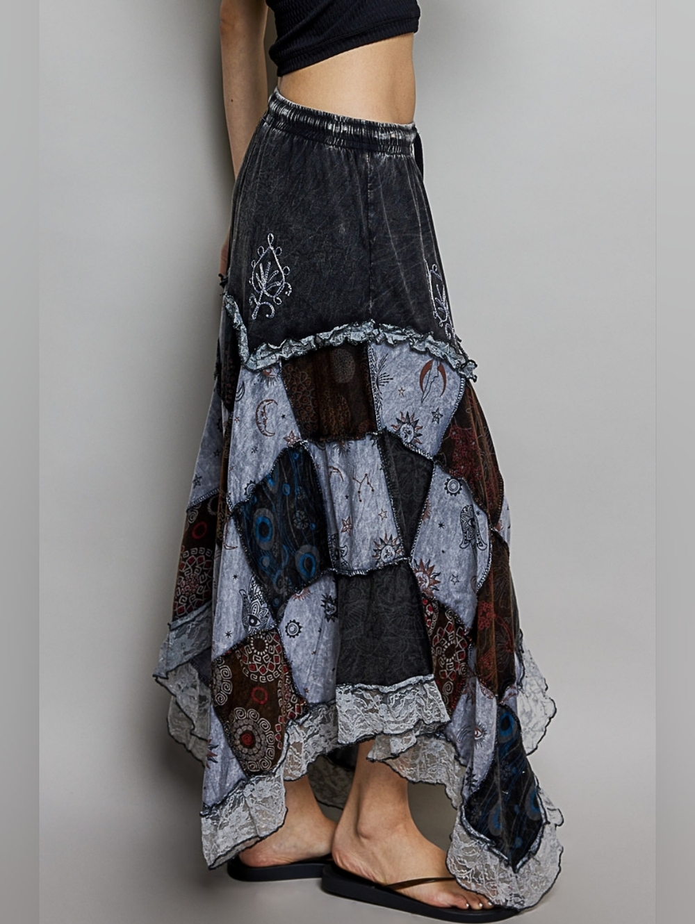 POL 100% Cotton Embroidered Patchwork Handkerchief Hem Lace Trim Maxi Skirt - Picture 15 of 16